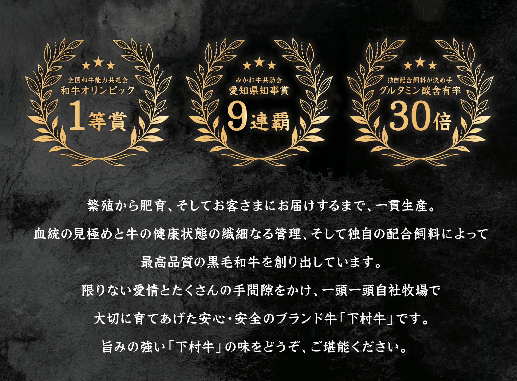 和牛オリンピック1等賞。愛知県知事賞9連覇。グルタミン酸含有率30倍。繁殖から肥育、そしてお客様にお届けするまで、一貫生産。血統の見極めと牛の健康状態の繊細なる管理、そして独自の配合飼料によって最高品質の黒毛和牛を作り出しています。限りない愛情とたくさんの手間暇を加え、一頭一頭自社牧場で大切に育て上げた安心・安全のブランド牛「下村牛」です。旨みの強い「下村牛」の味をどうぞ、ご堪能ください。